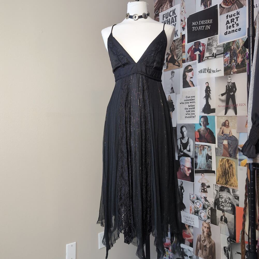 Metallic Stripe Lace Gothic Trim Midi Dress